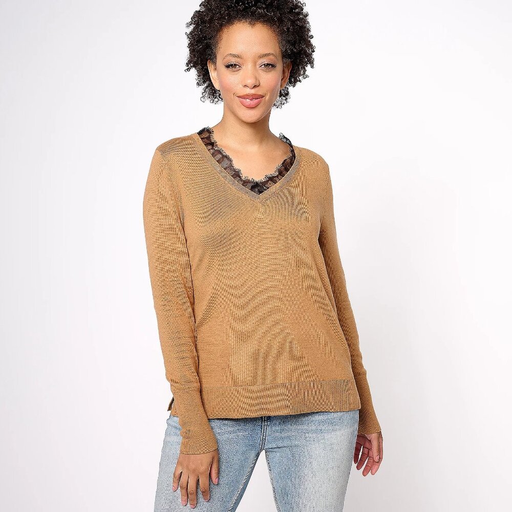 Encore by Idina Menzel Lace Trimmed V-Neck Sweater - Size Large a621132